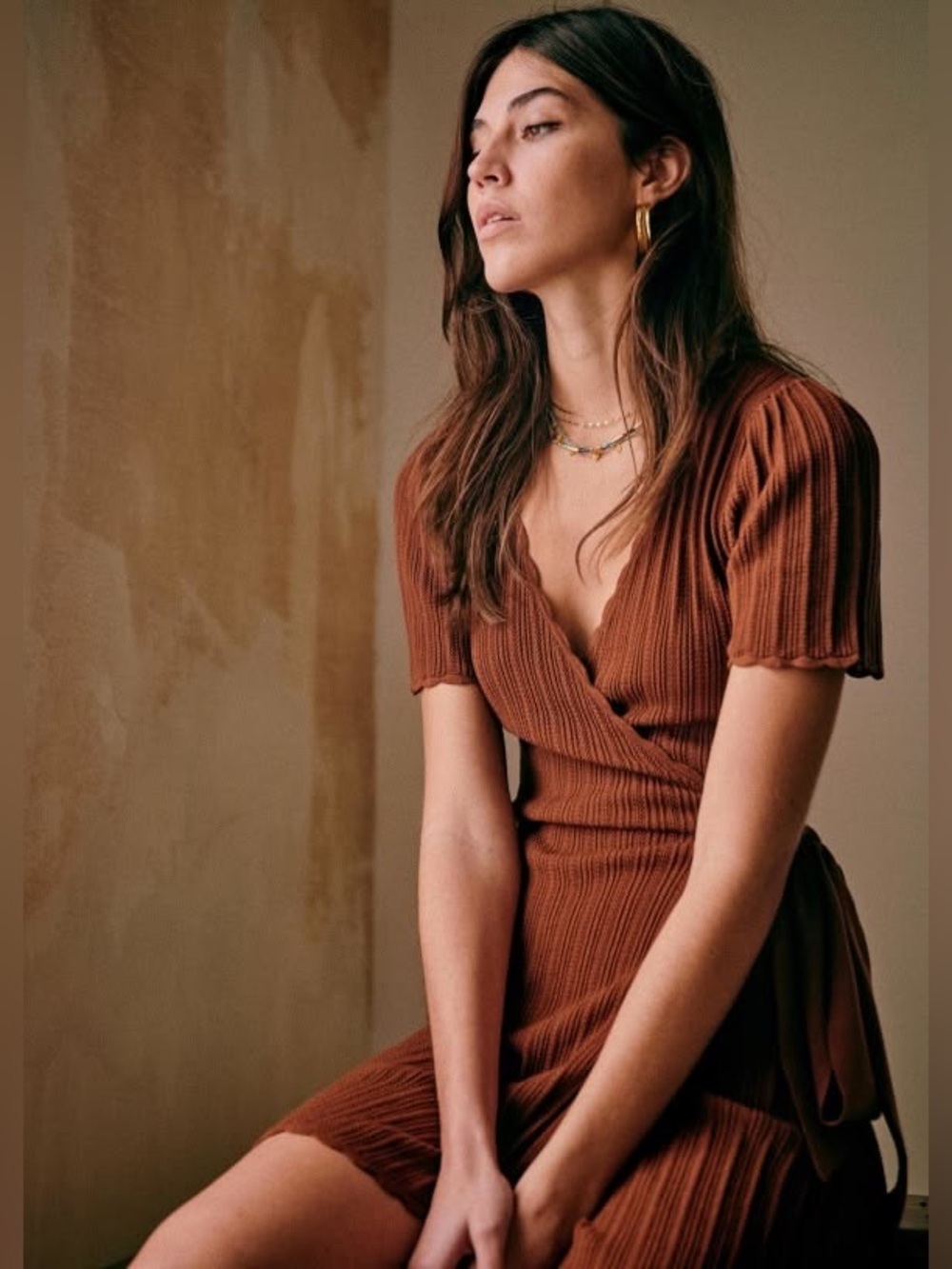 NEW Sézane Luisa Knit Wrap Dress Brown Noisette Size L